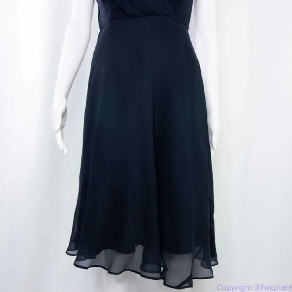 Jcrew 100% silk asymmetric hem V neck navy blue midi dress, size 2‎